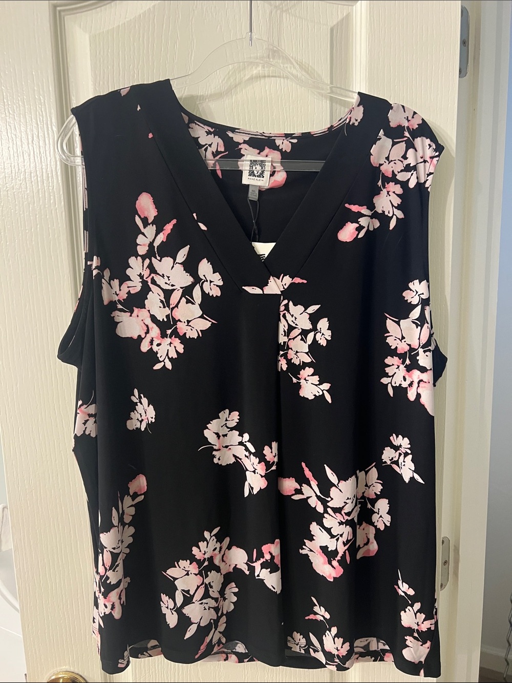 Anne Klein Black Sleeveless V-Neck Camisole with Pink Floral Print